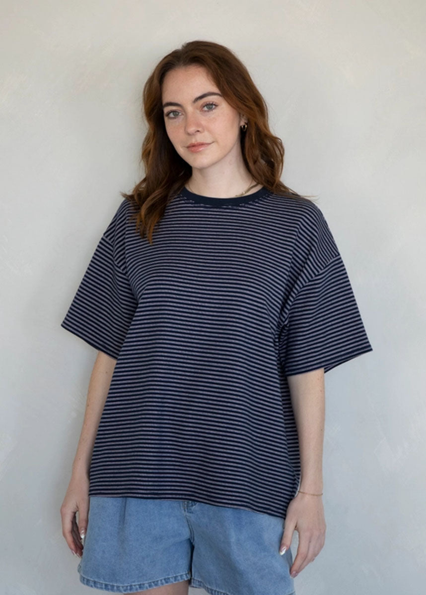 Denver Striped Oversized Tee - Navy