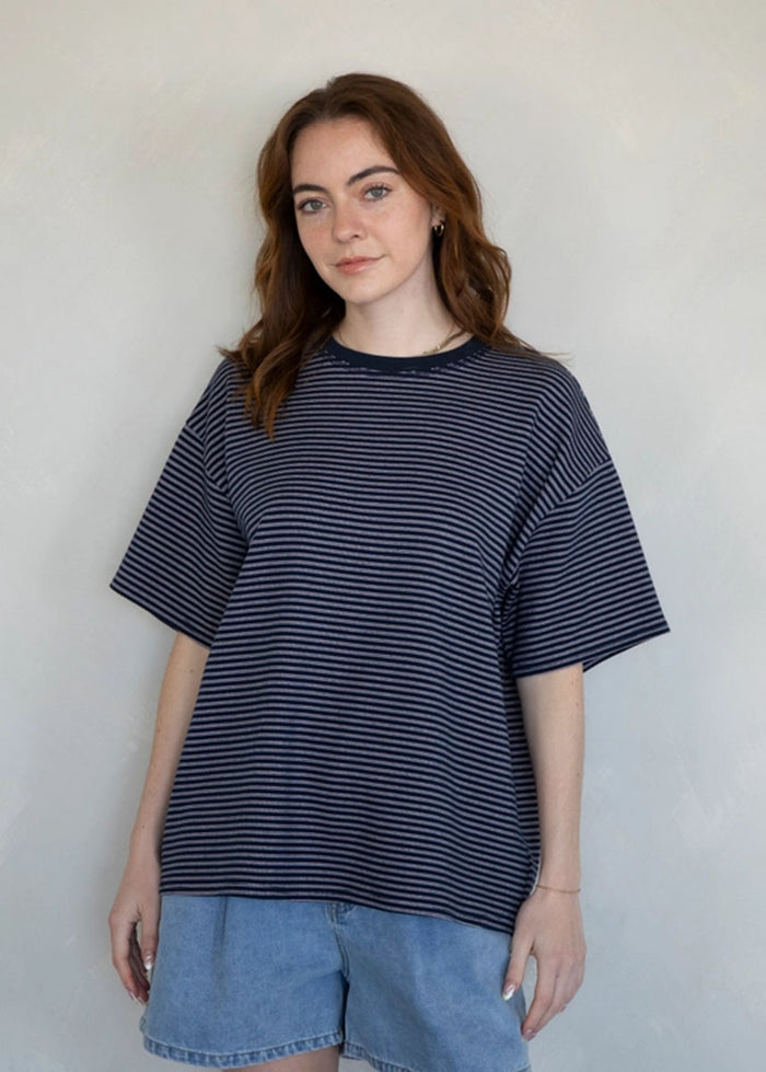 Denver Striped Oversized Tee - Navy