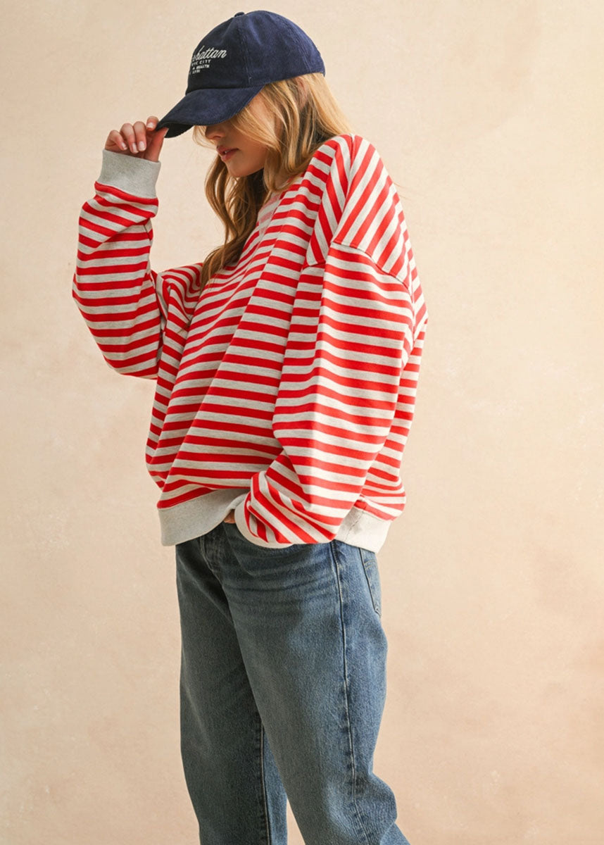 Freya Striped Knit Pullover - Red & Heather Grey