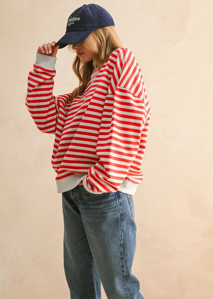 Freya Striped Knit Pullover - Red & Heather Grey