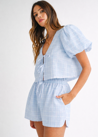 Natalie Bow Blouse & Shorts Set - Blue