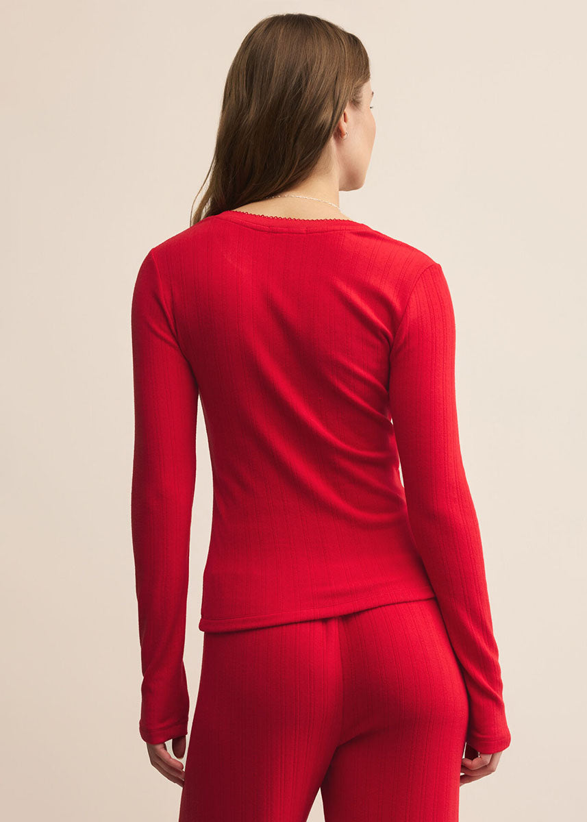Holly Pointelle Long Sleeve Top - Festive Red