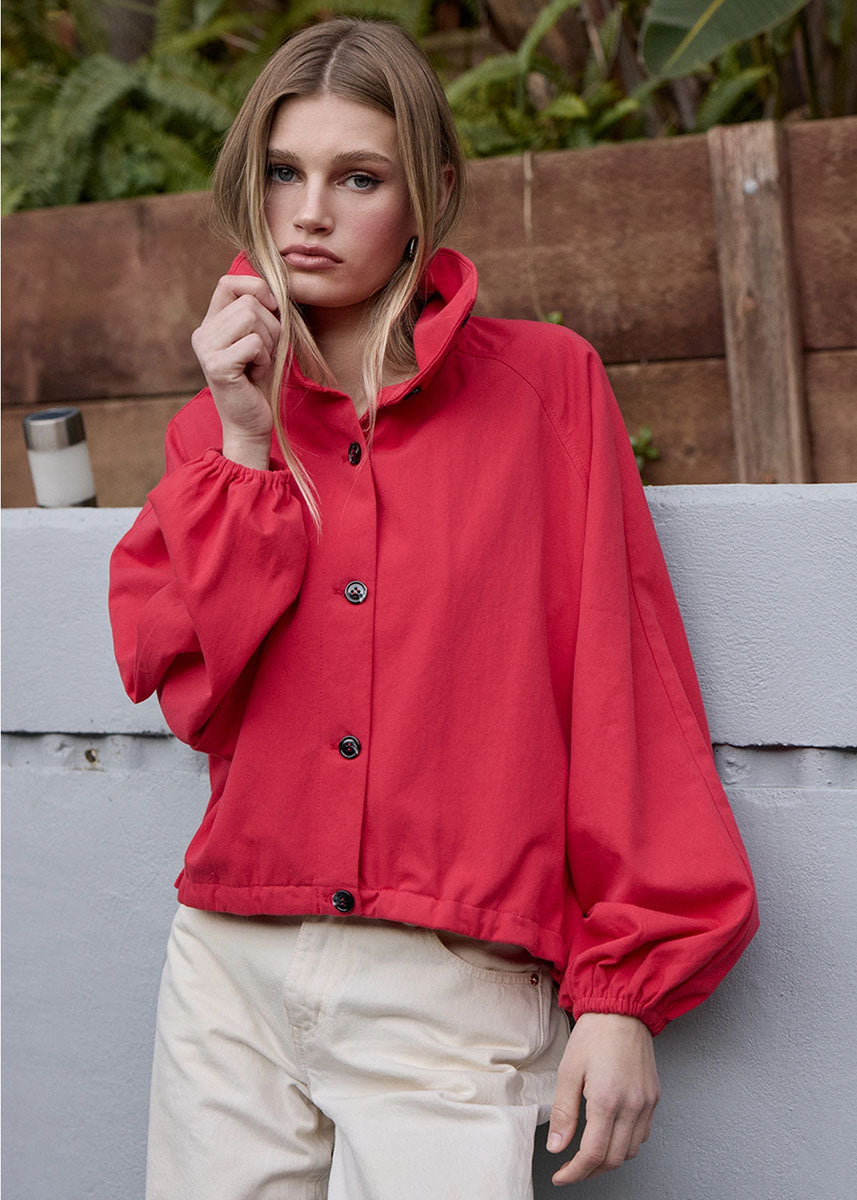 Ruby High Neck Button-Up Jacket - Red
