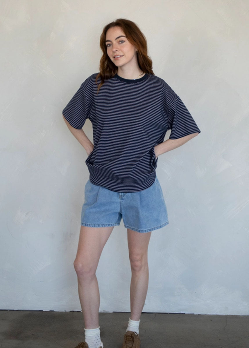 Denver Striped Oversized Tee - Navy