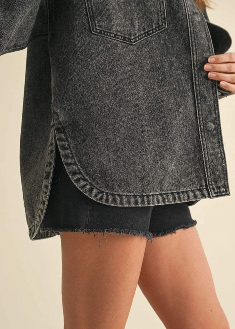 Mackenzie Washed Denim Snap Shacket - Black