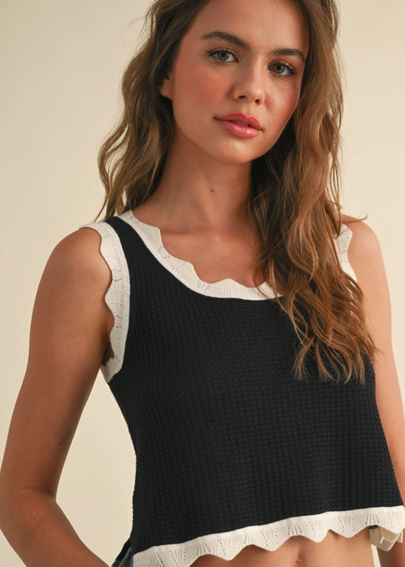 London Scallop Edge Knit Tank - Black & White