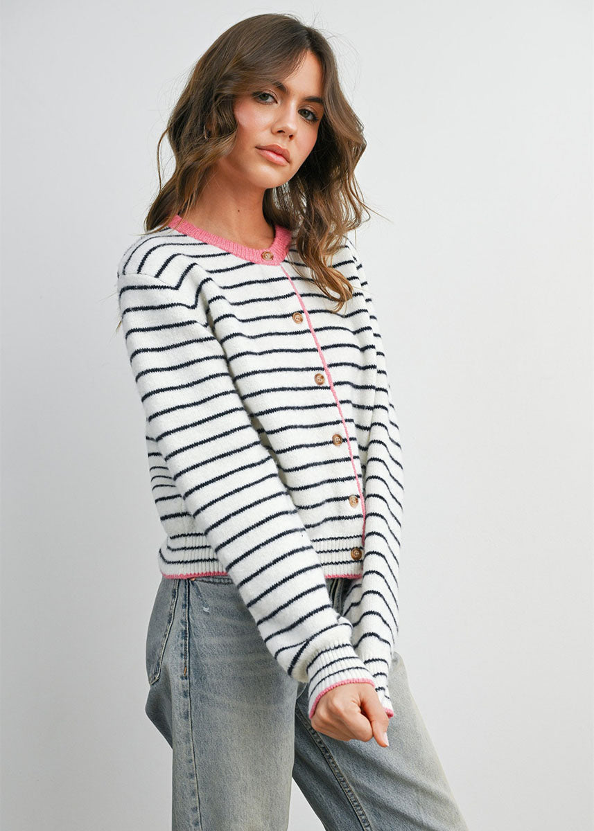 Sailor Stripe Cardigan - Ivory & Pink