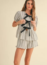 Cecilia Striped Ruffle Bow Top - Black