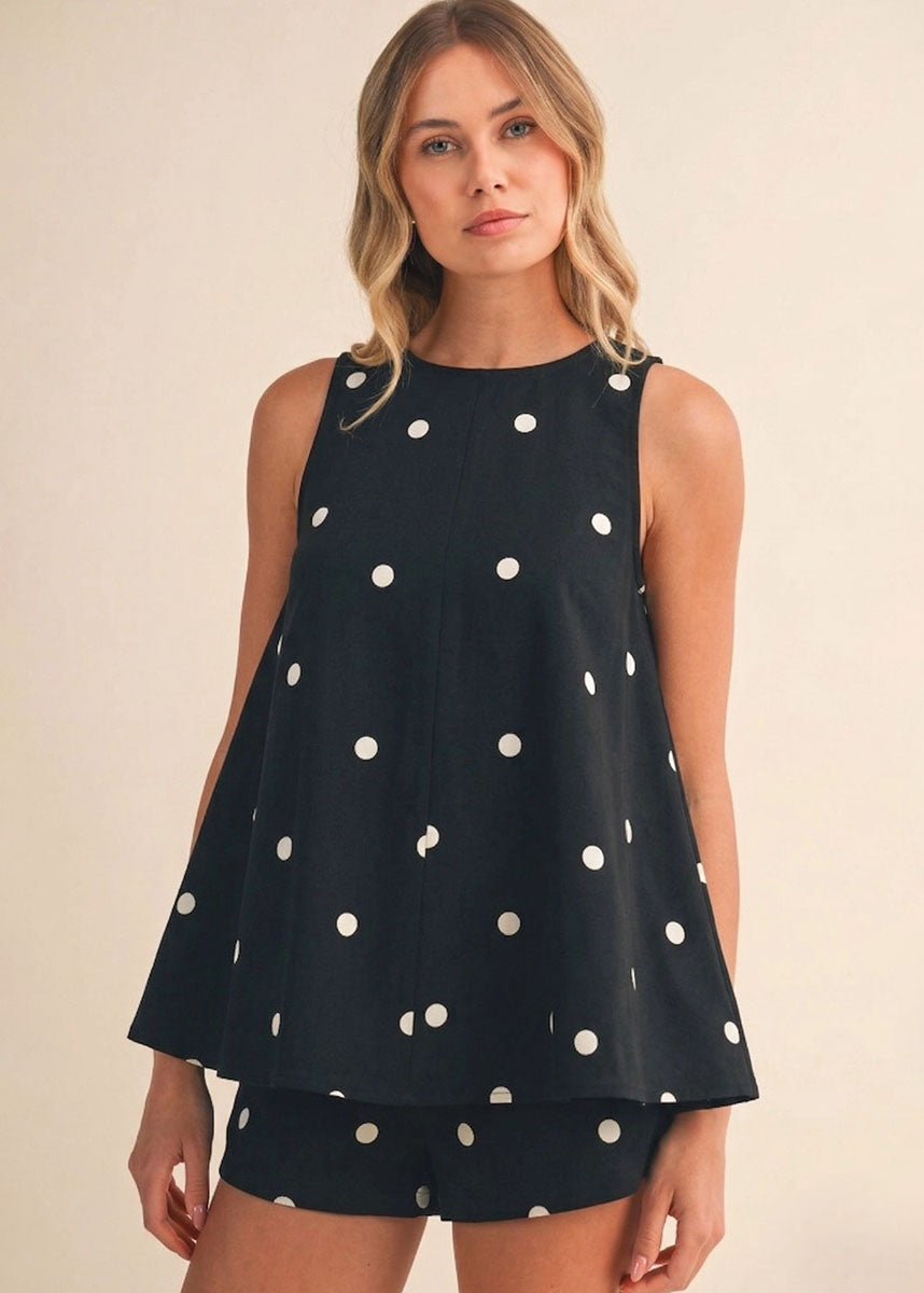 Haylie Polka Dot Tank & Shorts Set - Black & Ivory