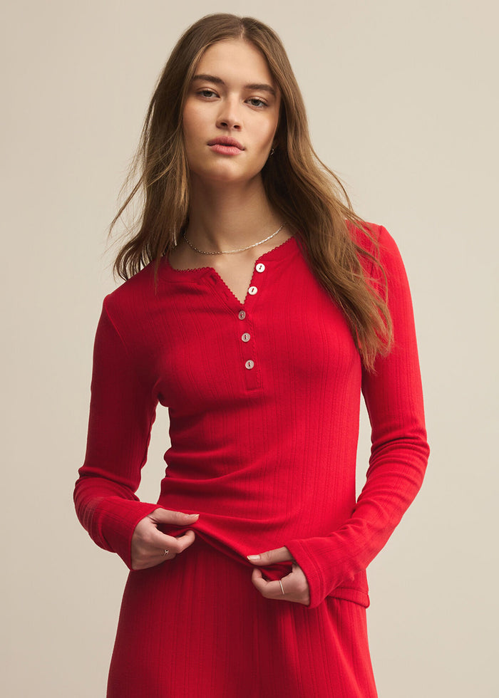 Holly Pointelle Long Sleeve Top - Festive Red