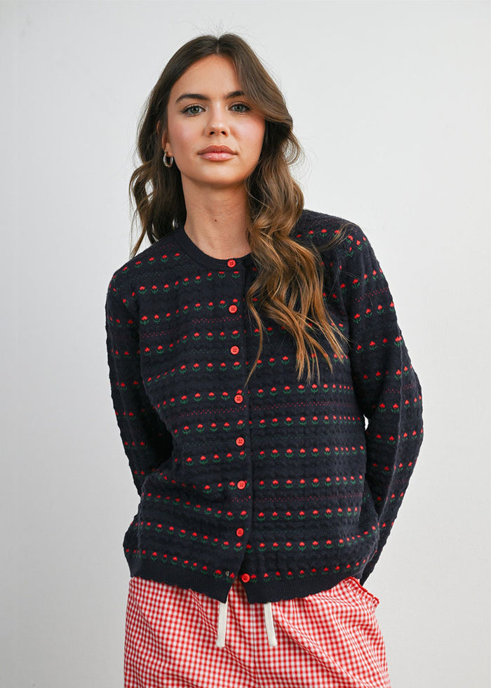 Vera Floral Cardigan - Navy & Red