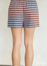 Double Striped Drawstring Shorts - Brown & Light Blue