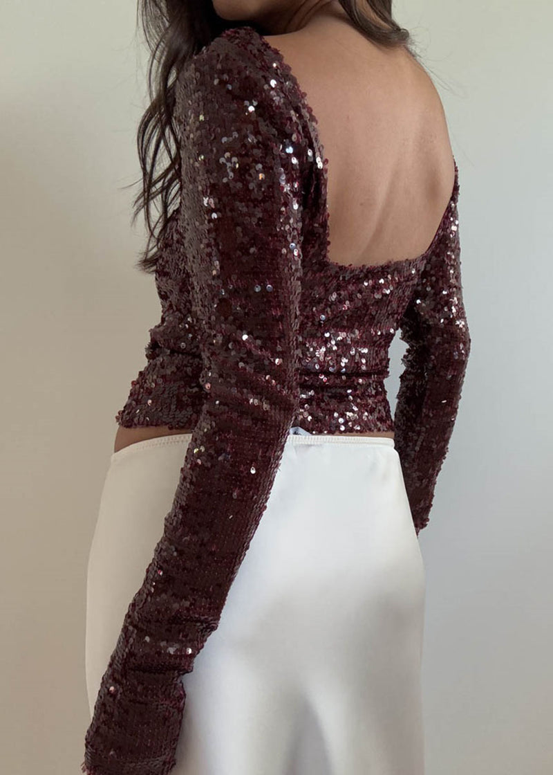 Sangria Boat Neck Sequin Top - Wine