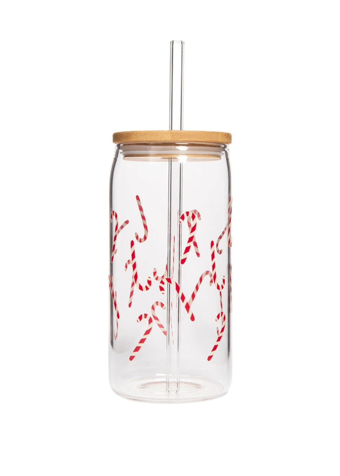 Candy Cane Can Glass + Lid & Straw