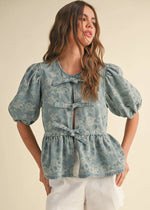 Jenna Jacquard Tie-Front Top - Denim