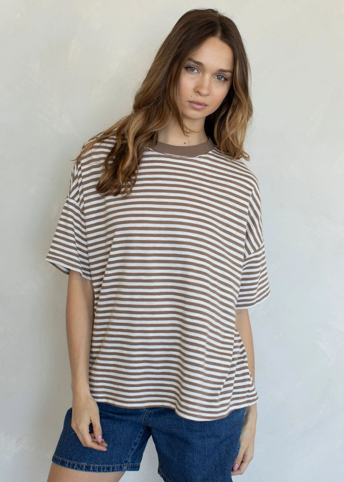 Striped Slub Oversized Tee - Taupe