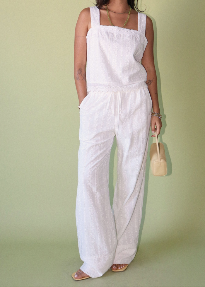 Agathe Broderie Wide Leg Pants - Cream