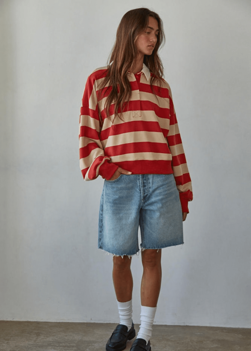 Amerie Striped Collared Pullover - Taupe Red