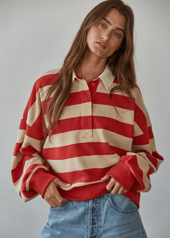 Amerie Striped Collared Pullover - Taupe Red