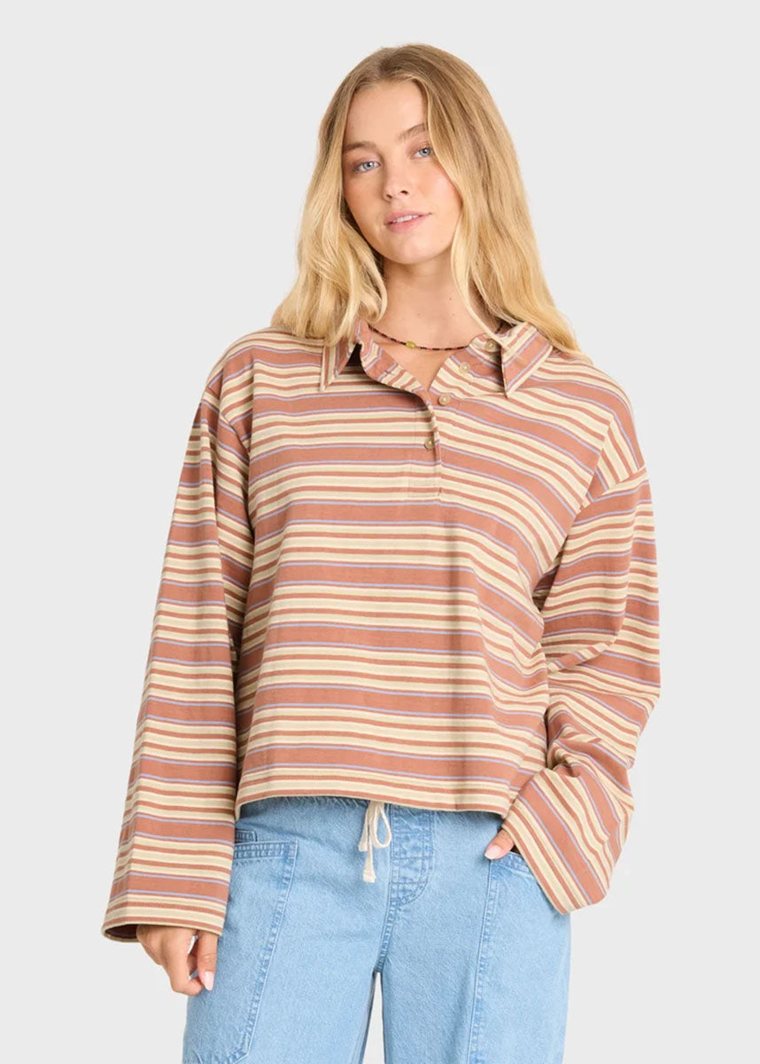 Sugar Stripe Long Sleeve Polo - Sugar Almond