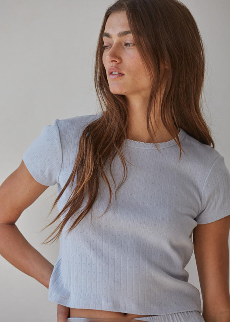 The Pointelle Ribbed Tee - Misty Blue