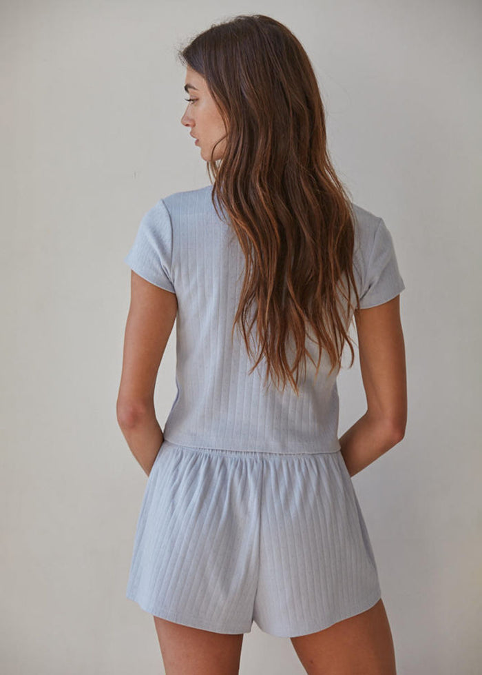 The Pointelle Ribbed Tee - Misty Blue