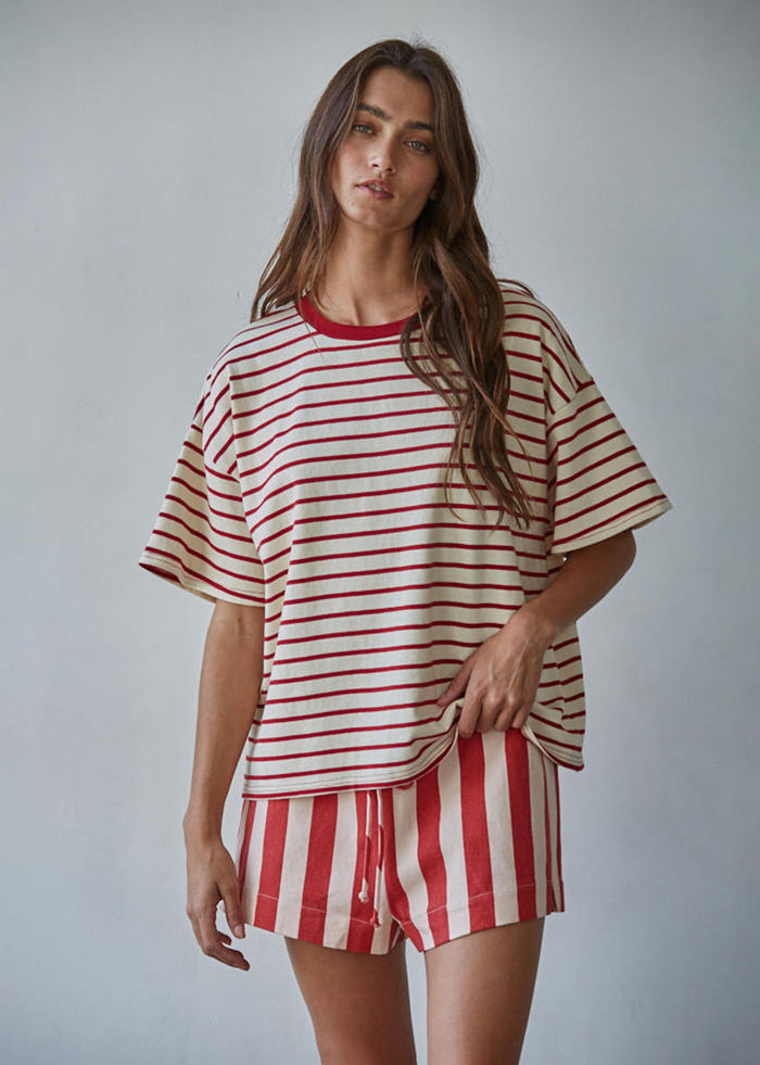 Landon Striped Tee - Natural Red