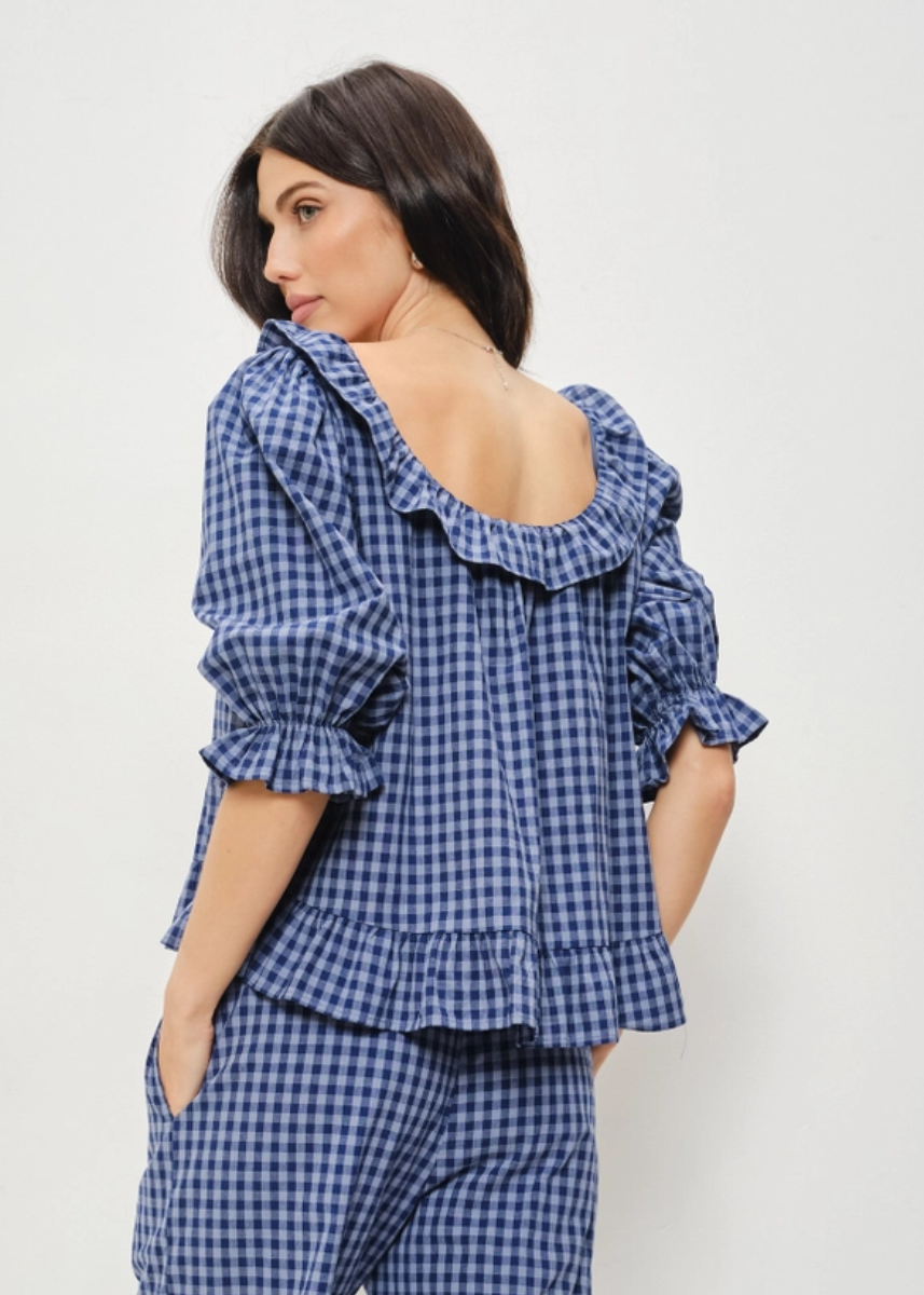 Barron Gingham Frill Top - Navy