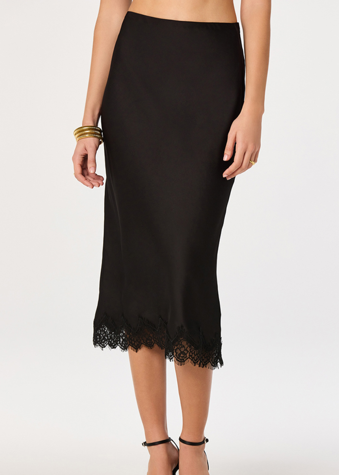 Blossom Lace Satin Midi Skirt - Black