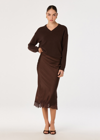 Blossom Lace Satin Midi Skirt - Brown