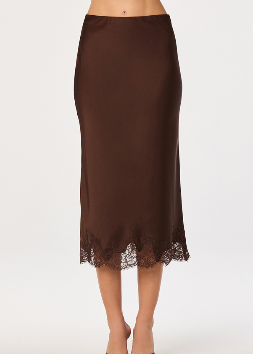 Blossom Lace Satin Midi Skirt - Brown