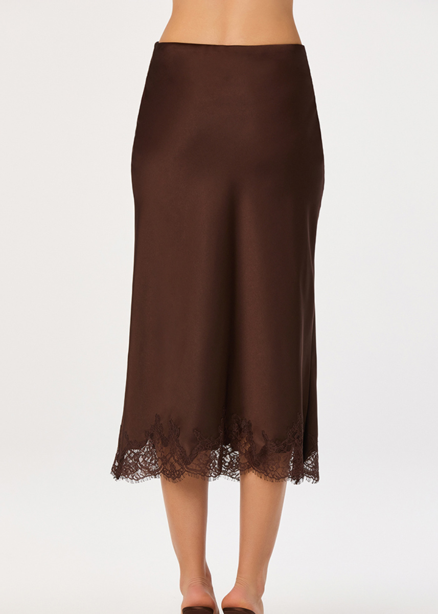 Blossom Lace Satin Midi Skirt - Brown