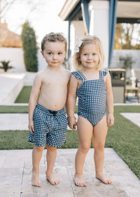 Navy Gingham Swim Shorts