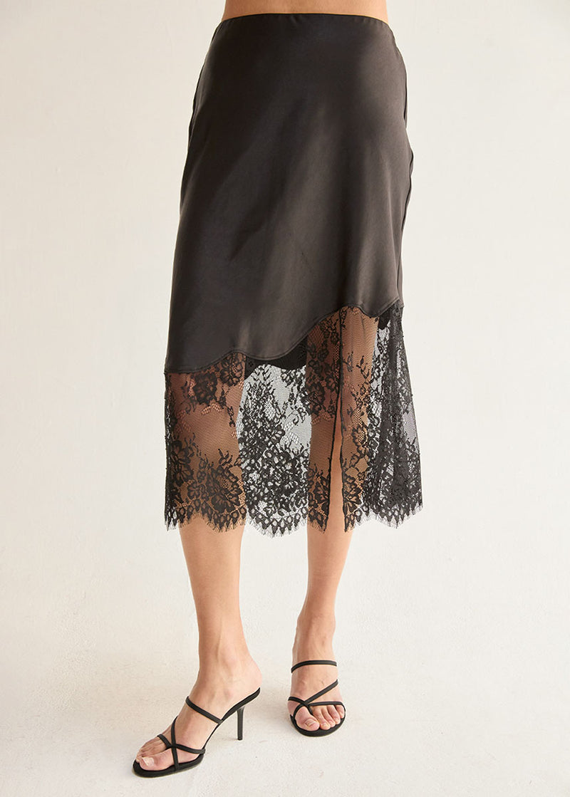 Ivy Satin Lace Midi Skirt - Black