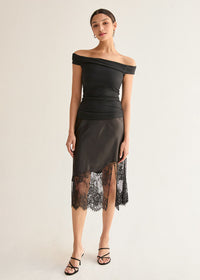 Ivy Satin Lace Midi Skirt - Black