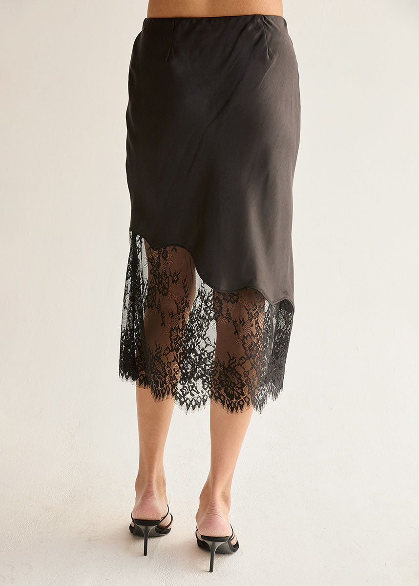 Ivy Satin Lace Midi Skirt - Black