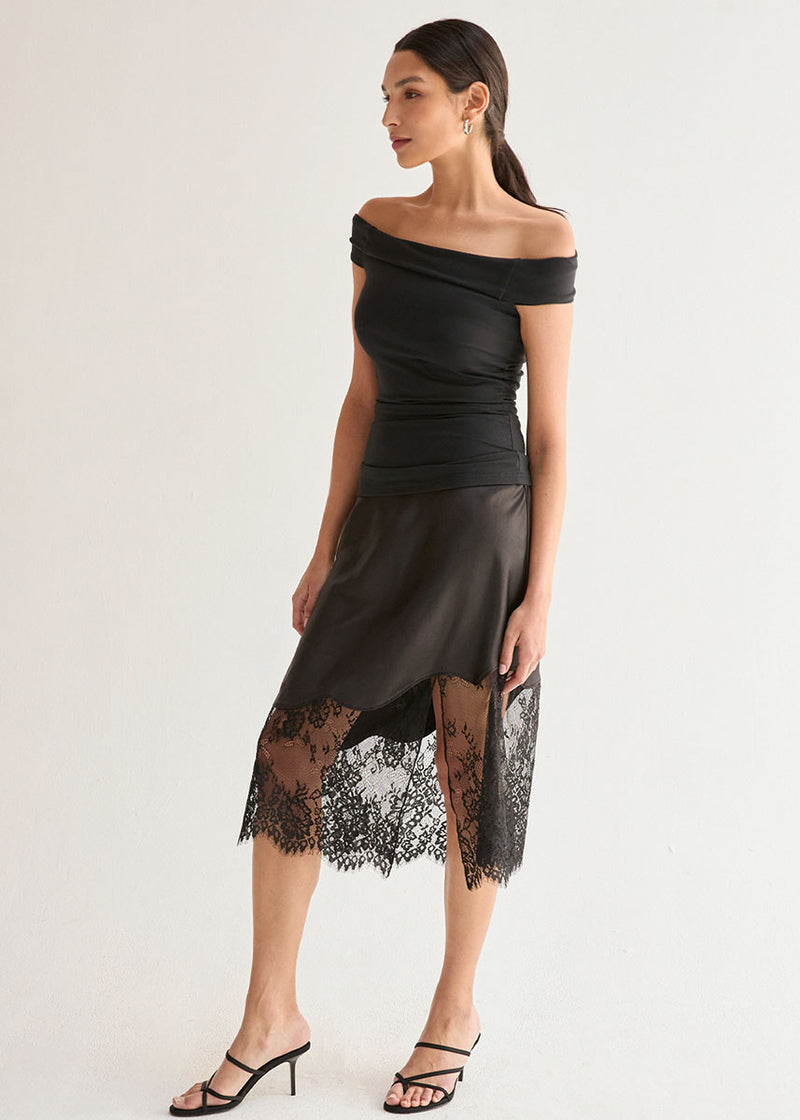 Ivy Satin Lace Midi Skirt - Black