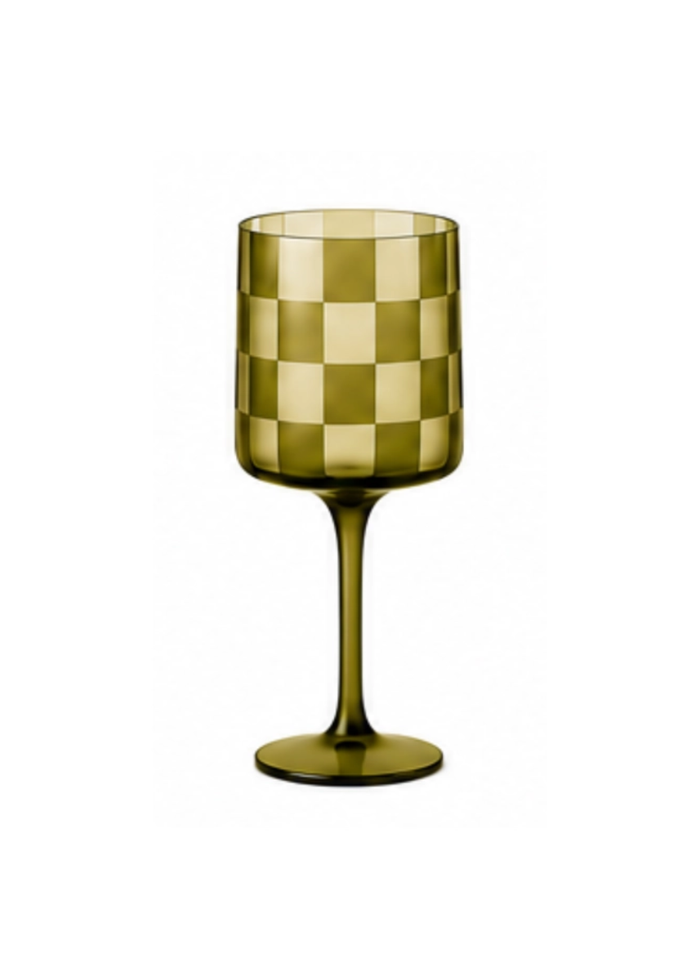 Checkered Wine Glass - Olive