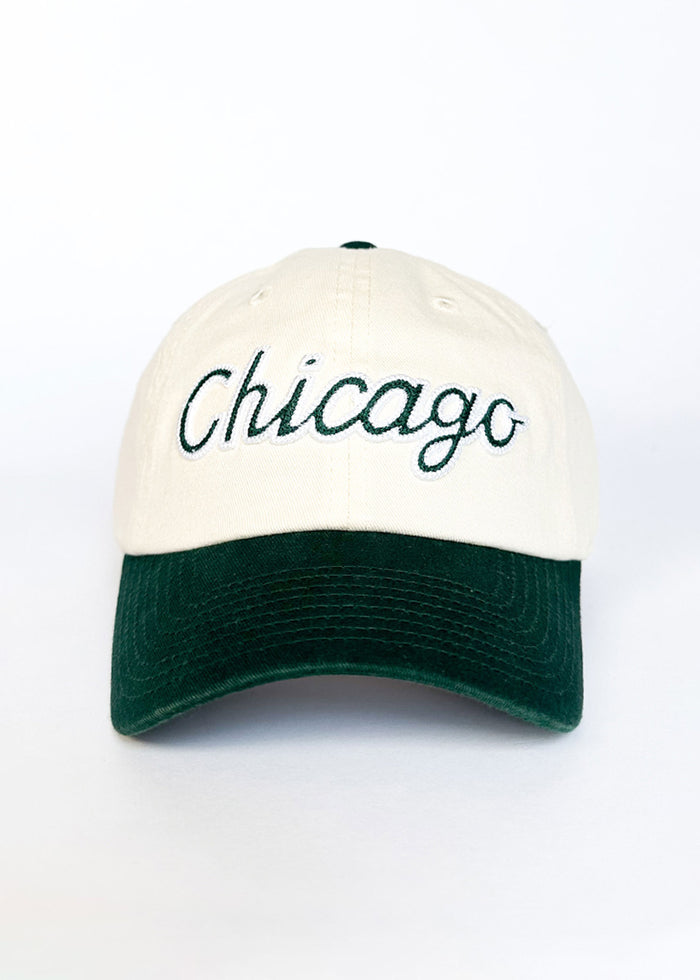 Chicago Script Baseball Cap - Ivory & Dark Green