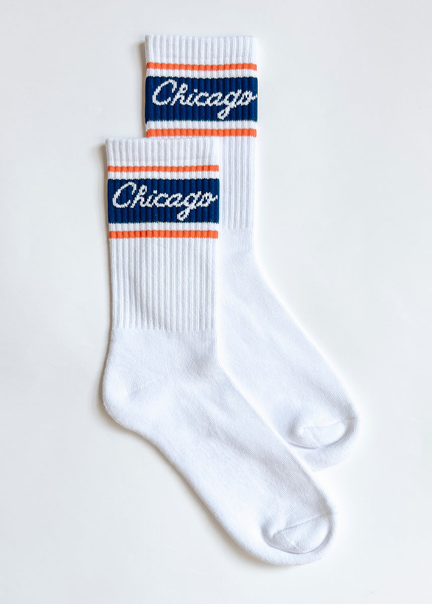 Chicago Script Triple Stripe Long Crew Sock - Navy & Orange