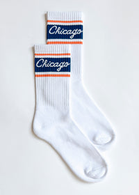 Chicago Script Triple Stripe Long Crew Sock - Navy & Orange