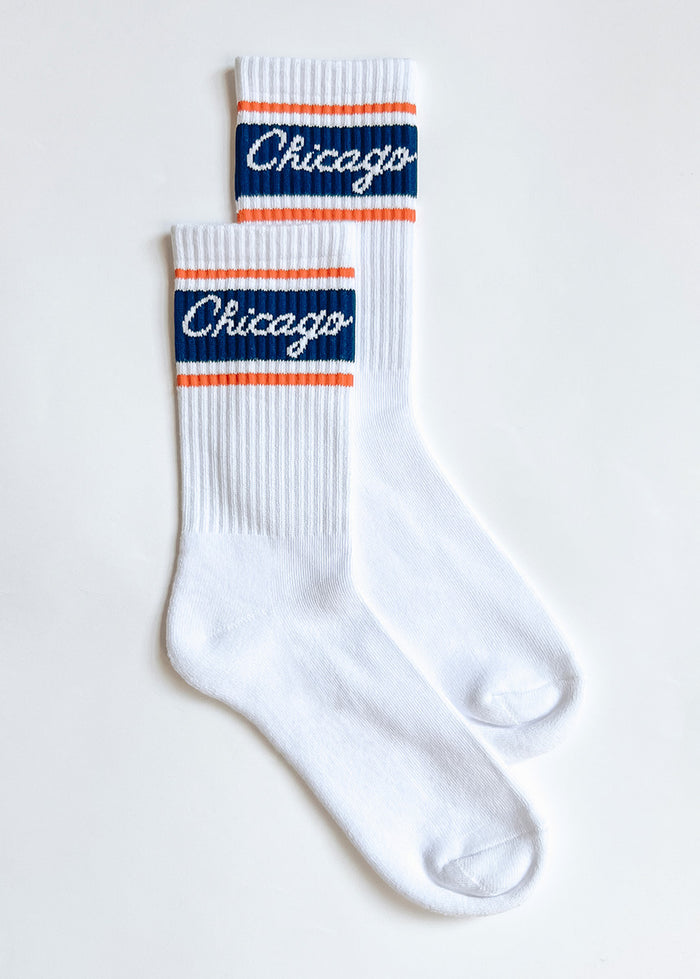 Chicago Script Triple Stripe Long Crew Sock - Navy & Orange