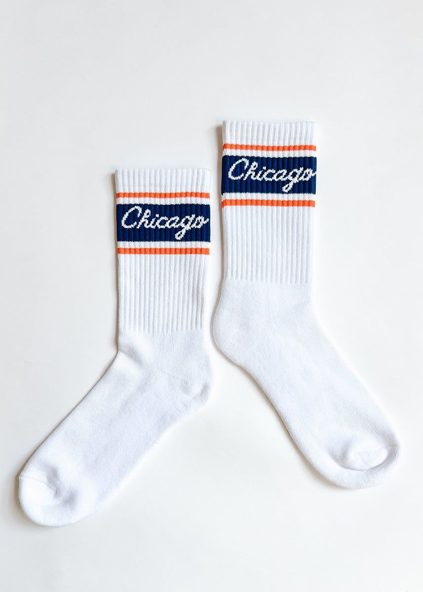 Chicago Script Triple Stripe Long Crew Sock - Navy & Orange