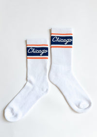 Chicago Script Triple Stripe Long Crew Sock - Navy & Orange