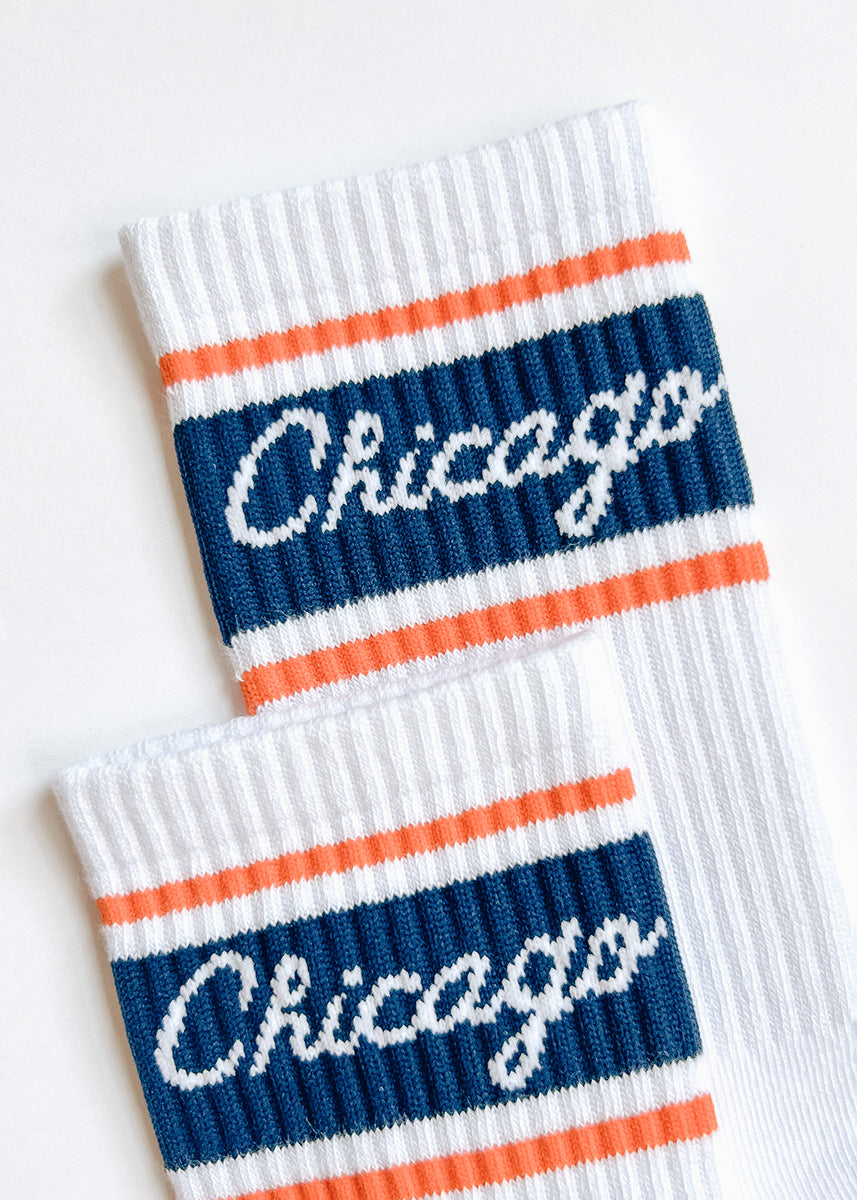 Chicago Script Triple Stripe Long Crew Sock - Navy & Orange
