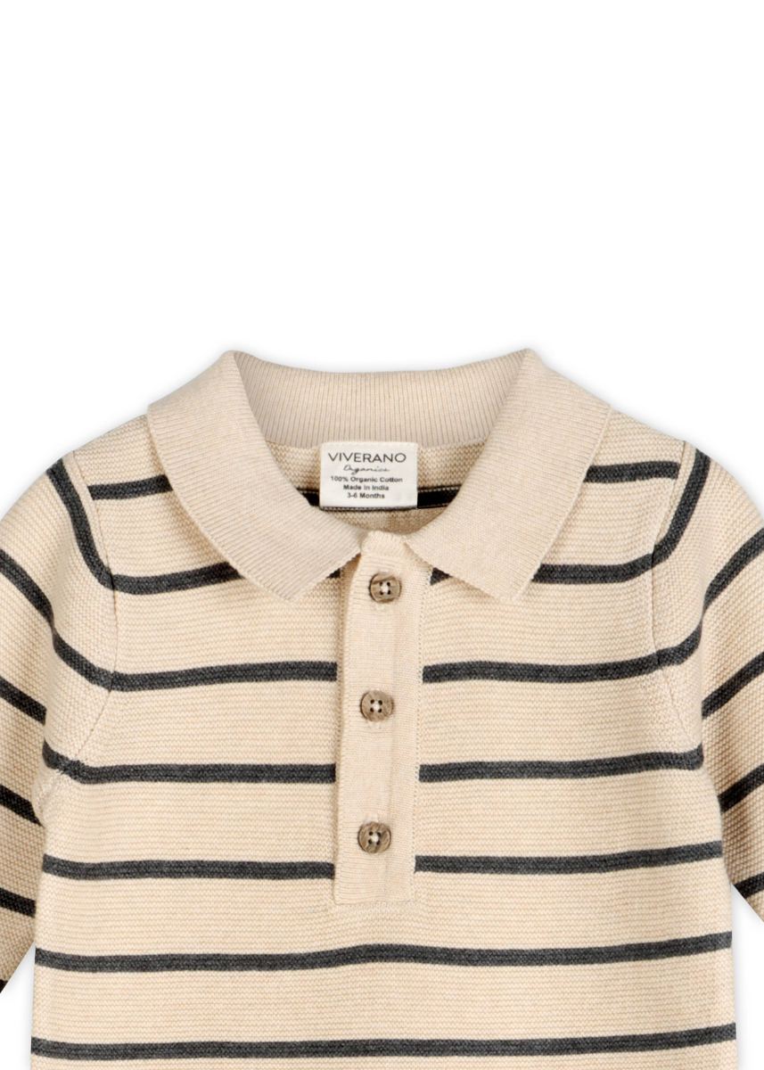 Collared Stripe Knit Jumpsuit - Oatmeal