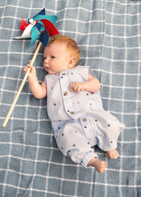 Woven Sleeveless Long Romper - Seersucker Stripe Stars