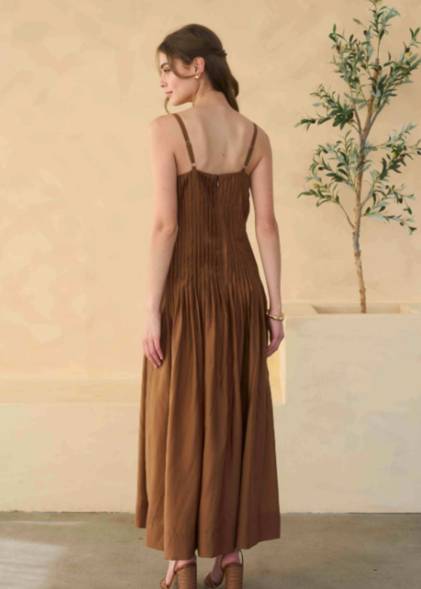 Elena V-Neck Pleated Maxi Dress - Chocolate