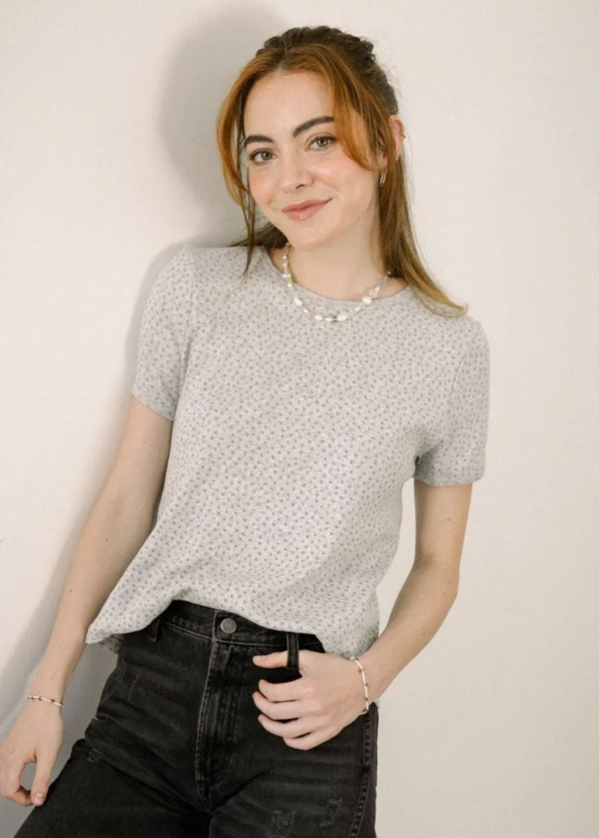 Ditsy Floral Pointelle Top - Heather Grey