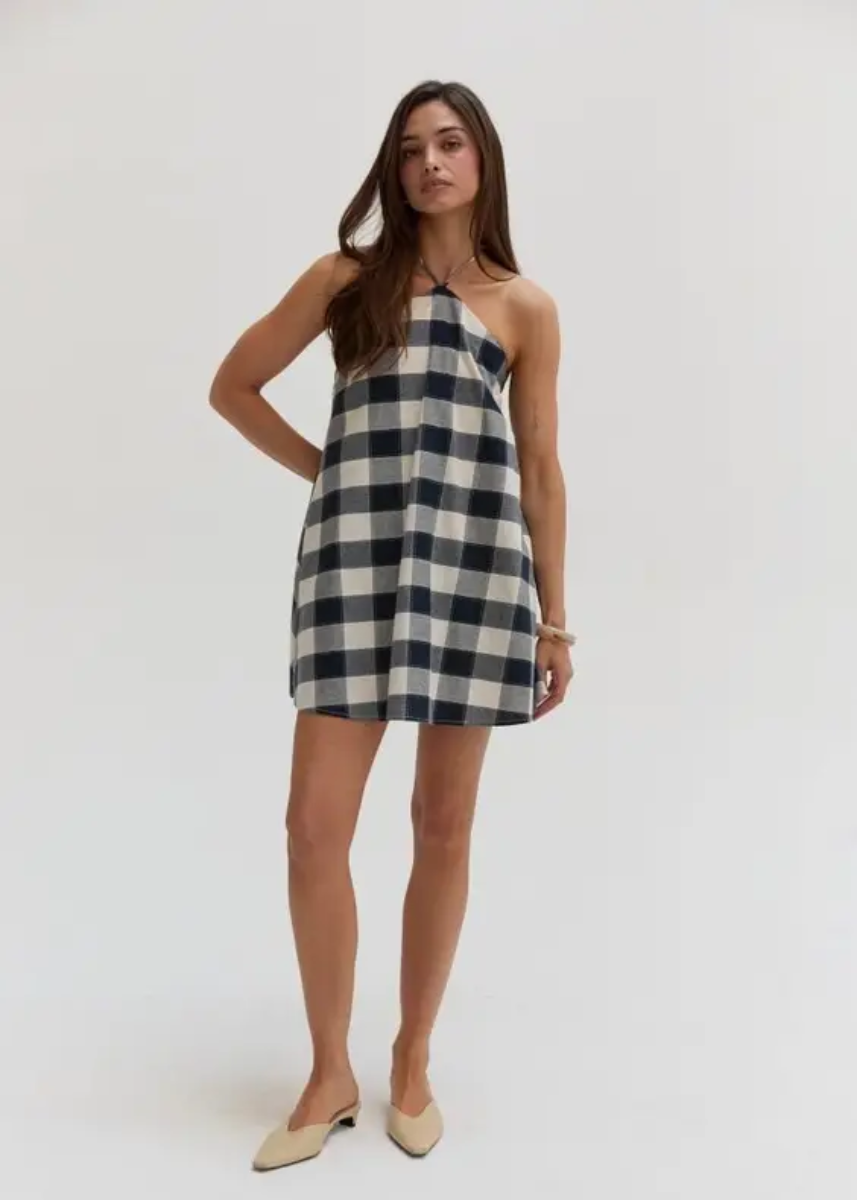 Flora Gingham Halter Romper Dress - Navy